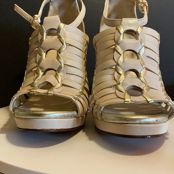 Cole Haan Nike Air Gold & Cream Leather Woven Wedge Sandals – Size 7B - Picture 10 of 16